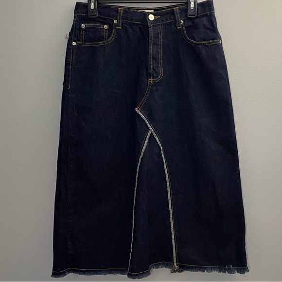 BILLY BLUES VINTAGE 90s Denim Y2K Skirt Dark Wash Jeans Midi Sz 8 Button Fly USA - Picture 1 of 7